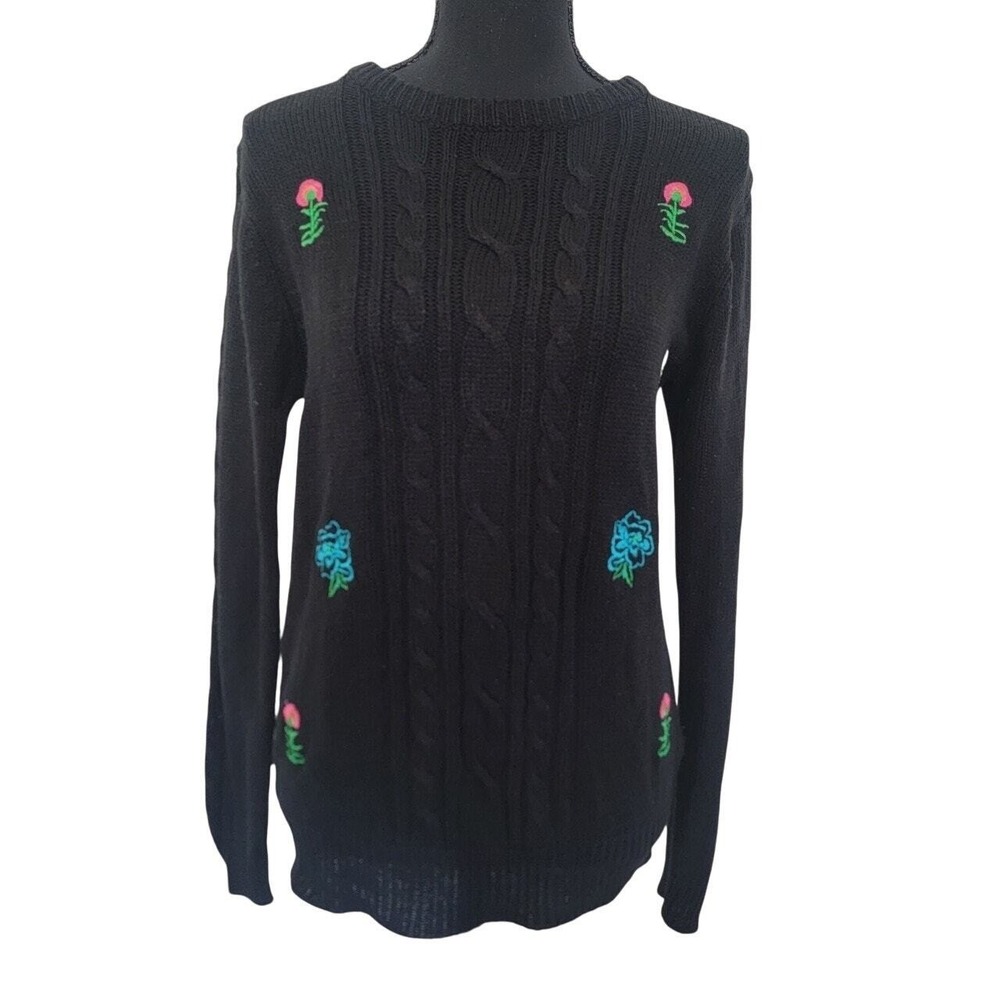 Evelyn Taylor Sweater Womens Medium Black Cable Knit Floral Embroidered Pullover